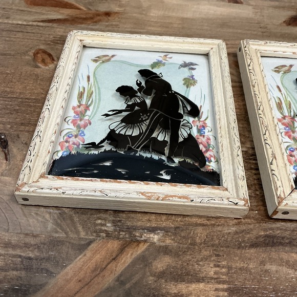 Vintage Convex Glass Reverse Painted Silhouette Couple Picture Square Framed 2 - Picture 5 of 12